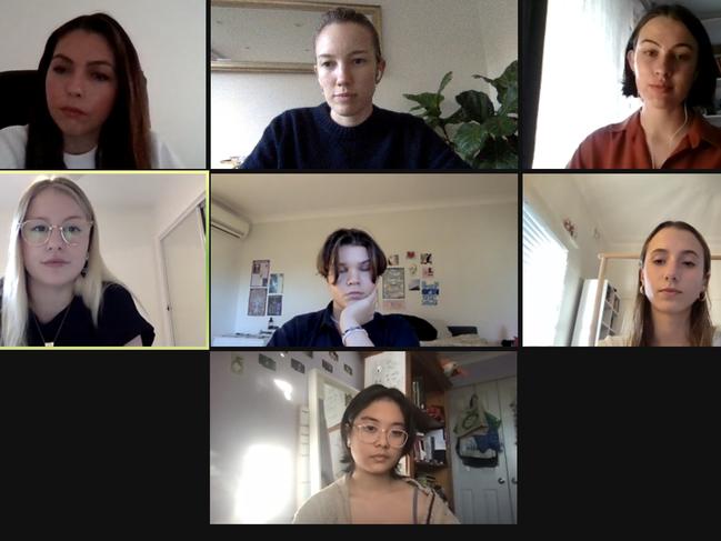 The round table Zoom discussion (from left): Amanda Matthews, 31, journalist Ava Benny-Morrison, Angela Weckert, 17, Elizabeth Payne, 21, Ethan Lyons, 16, Chloe Korbel, 16, Dani Villafana, 17.