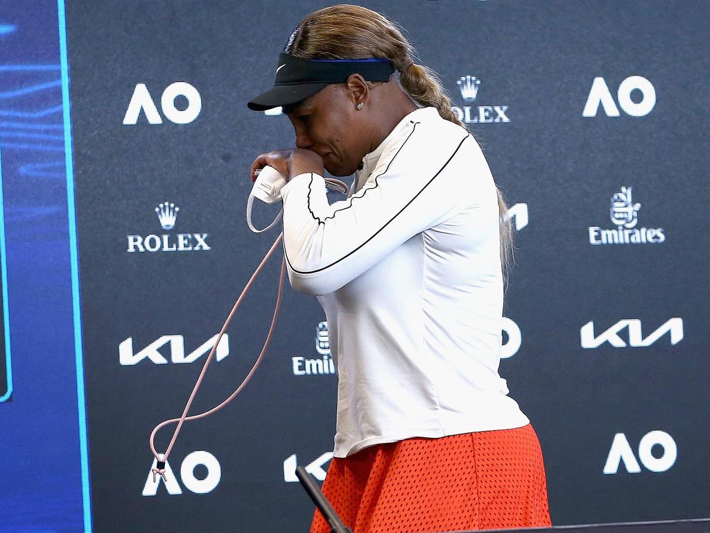 Serena Williams gets emotional at a press conference after losing her women's semi-final. (Photo by ROB PREZIOSO / TENNIS AUSTRALIA / AFP)