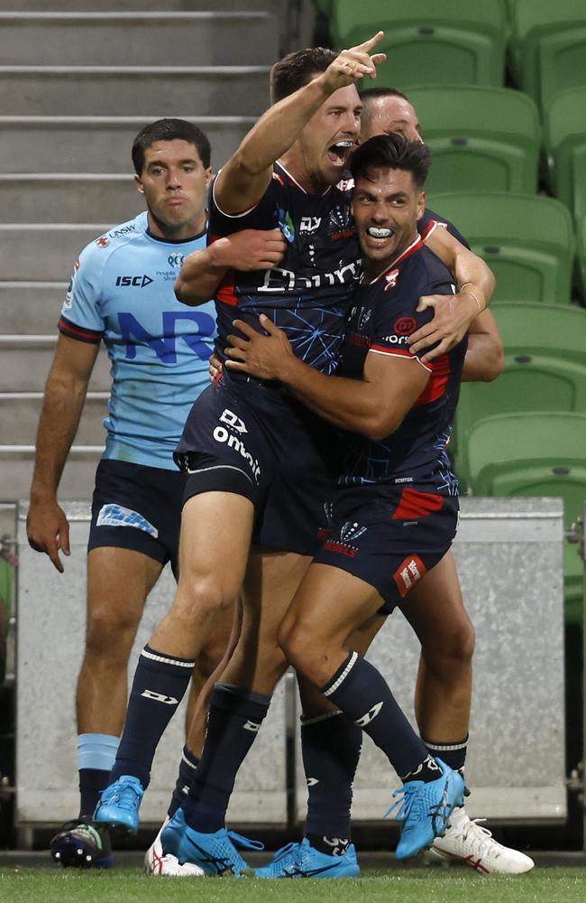 Lachie Anderson of the Rebels celebrates scoring a try during the round three Super Rugby Pacific match between Melbourne Rebels and NSW Waratahs at AAMI Park, on March 10, 2023, in Melbourne, Australia. (Photo by Darrian Traynor/Getty Images)