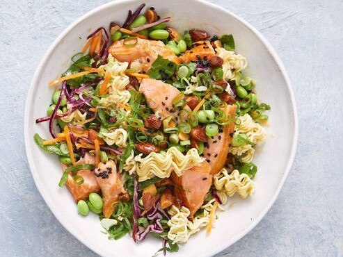 Salmon: Salmon and crunchy noodle salad.