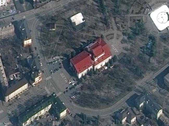 This Maxar satellite image shows the Mariupol Drama Theater in Mariupol, Ukraine, on March 14, 2022 – two days before it was bombed. Picture: Maxar Technologies / AFP