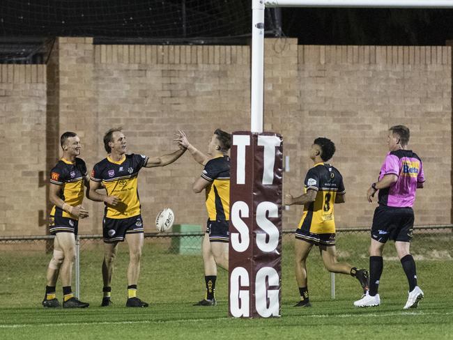 Gatton celebrate a try by Luke Self (centre) against Valleys. Picture: Kevin Farmer.