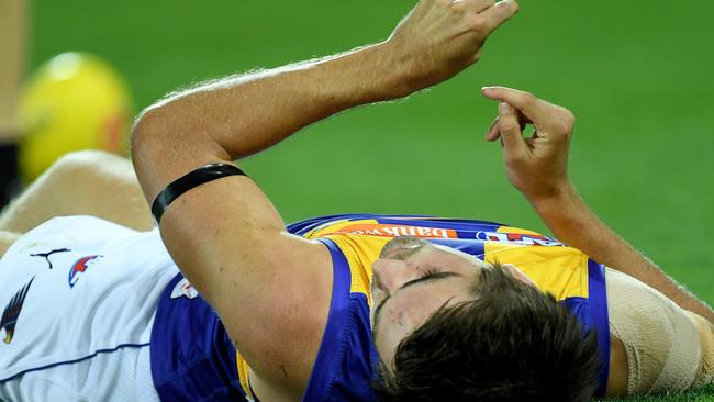 Eagle Andrew Gaff unconscious after colliding with Tom Jonas. Picture: Mark Brake