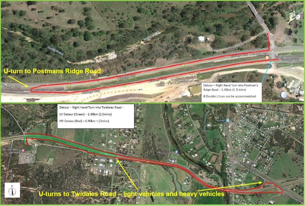 Temporary alternative access from Warrego Highway to Postmans Ridge Road, Helidon Spa (above); and temporary access from Warrego Highway to Twidales Road (below). Picture: Contributed