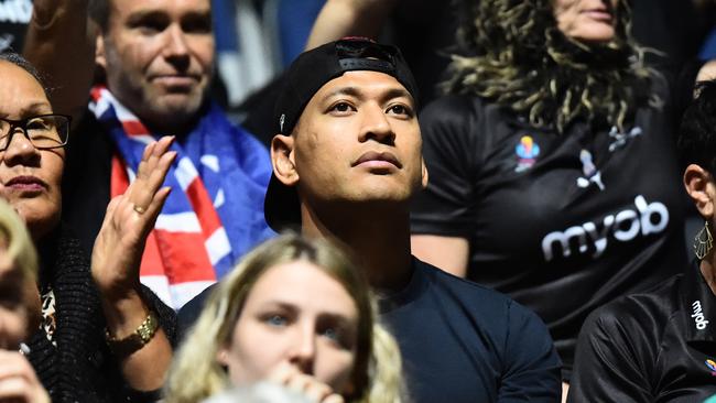 Israel Folau watches an Australia v New Zealand World Cup nebtall match in England in July. Picture: Getty Images