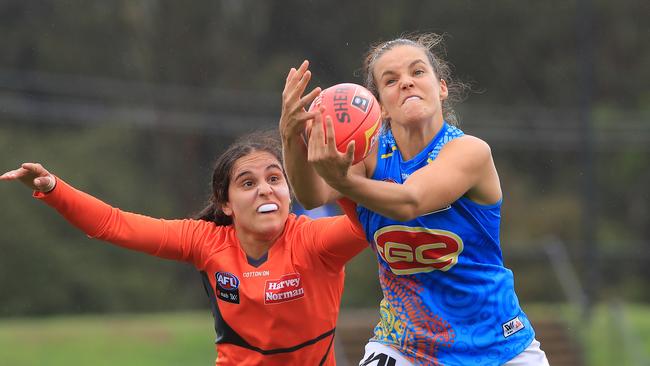 Sally Riley of the Suns takes a mark during the round one AFLW match between the Greater Western Sydney Giants and the Gold Coast Suns at Blacktown International Sportspark on February 08, 2020 in Sydney, Australia. (Photo by Mark Evans/Getty Images)