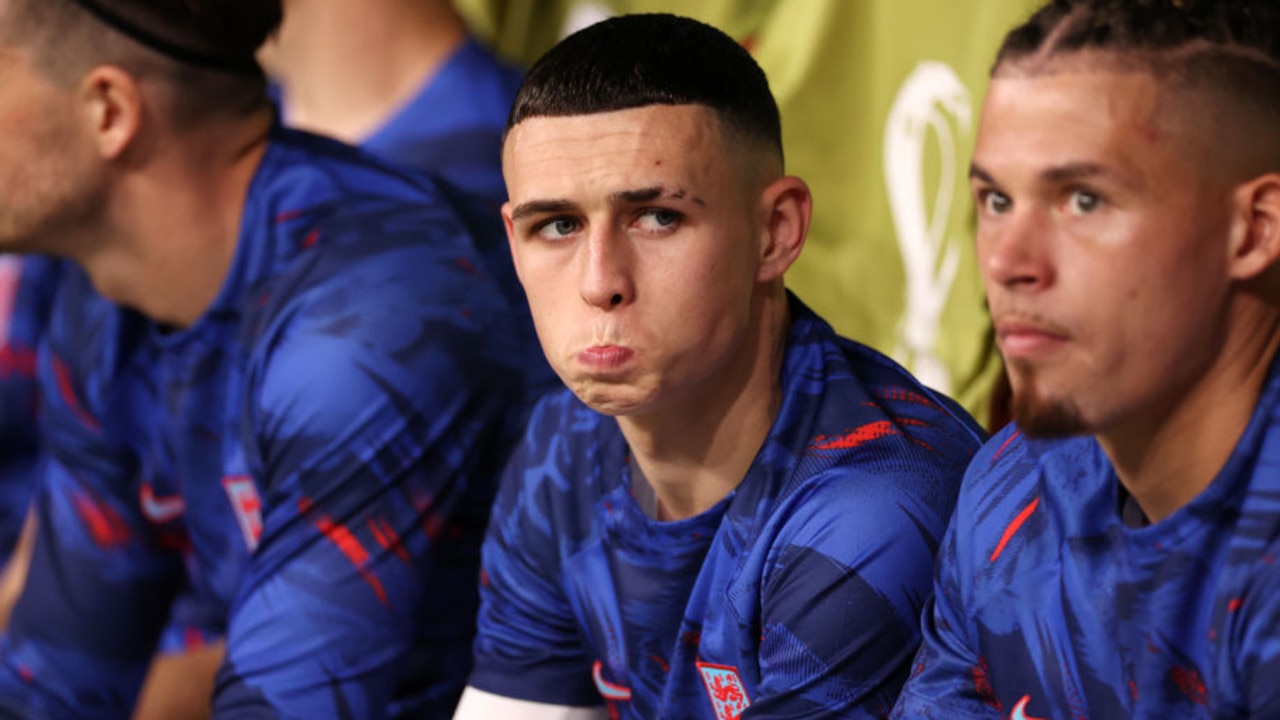 Foden watches on from the bench (Photo by Ryan Pierse/Getty Images)