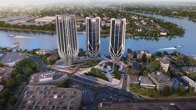 Artist impression of the triple tower “champagne flutes’’ proposed by Sunland. it walked away from the project after a court challenge.