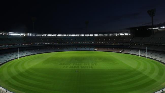 MELBOURNE, AUSTRALIA - OCTOBER 19: The HD Turf Group created a good luck message on the MCG to the two competing AFL Grand Final teams with a new technology called TurfPrint, on an empty Melbourne Cricket Ground, where the AFL Grand Final is traditionally held, this year being moved to the Gabba due to Covid-19 restrictions, at MCG on October 19, 2020 in Melbourne, Australia