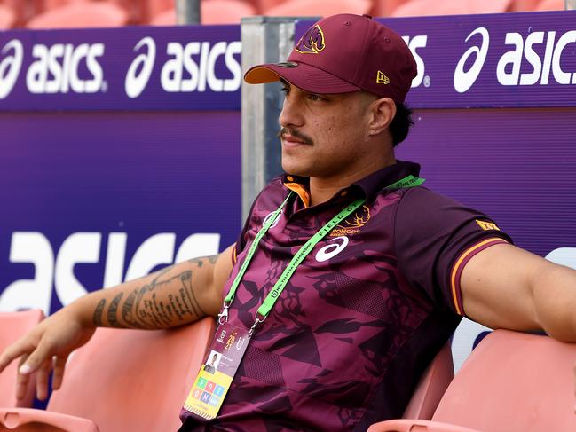 BRISBANE, AUSTRALIA - MARCH 27: Kotoni Staggs of the Broncos is seen on the sidelines before the start of the round three NRL match between the Brisbane Broncos and the Canterbury Bulldogs at Suncorp Stadium on March 27, 2021, in Brisbane, Australia. (Photo by Bradley Kanaris/Getty Images)