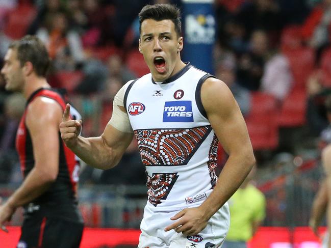 Dylan Shiel of the Giants celebrates scoring a goal during the Round 11 AFL match between the Greater Western Sydney (GWS) Giants and the Essendon Bombers at Spotless Stadium in Sydney, Saturday, June 3, 2017. (AAP Image/David Moir) NO ARCHIVING, EDITORIAL USE ONLY