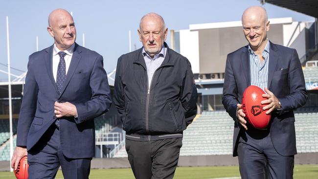 Tasmanian Premier Peter Gutwein, former Geelong President Colin Carter and Chair of AFL Taskforce Brett Godfrey at UTAS Stadium, Launceston. Picture: Chris Kidd