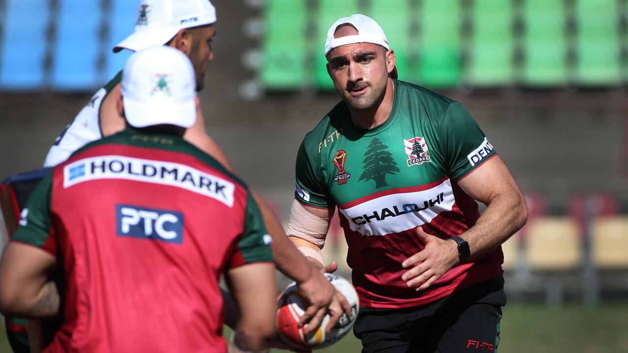Tim Mannah trains with Lebanon during the 2017 World Cup, with the Cedars logo on full display. Picture: Toby Zerna