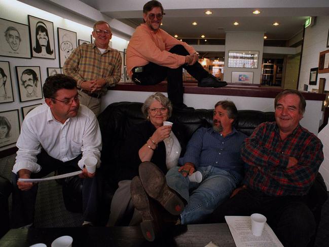 Steve Price, Alan Pearsall, Keith McGowan, Yvonne Lawrence, Neil Mitchell and Ernie Sigley at 3AW in 1997.