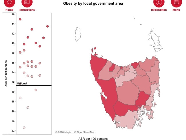 Obesity by local government area in Tasmania, from the Heart Foundation's latest Heart Maps data release. Age-Standardised Rate (ASR) per 10,000 persons. Source: HEART FOUNDATION November 2020 https://www.heartfoundation.org.au/health-professional-tools/interactive-heart-map-australia