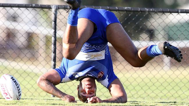 Tugun Seahawks (blue) vs. Southport Tigers at Tugun. A Grade. Fetuli Talanoa scoring a try. 6 June 2021 Tugun Picture by Richard Gosling