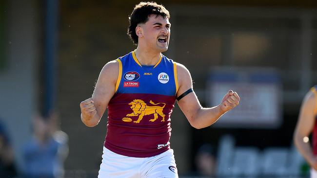 Josh D’Intinosante celebrates a goal for South Morang. Picture: Josh Chadwick