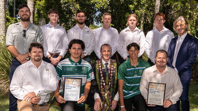 SPORTING RECOGNITION: The U18 Colts players from the Lismore Rugby Union Club were recognised with an award at the 2021 Lismore Australia Day ceremony and are pictured here Lismore Mayor Isaac Smith and Australia Day Ambassador George Ellis (back right), Photo: Kurt Petersen