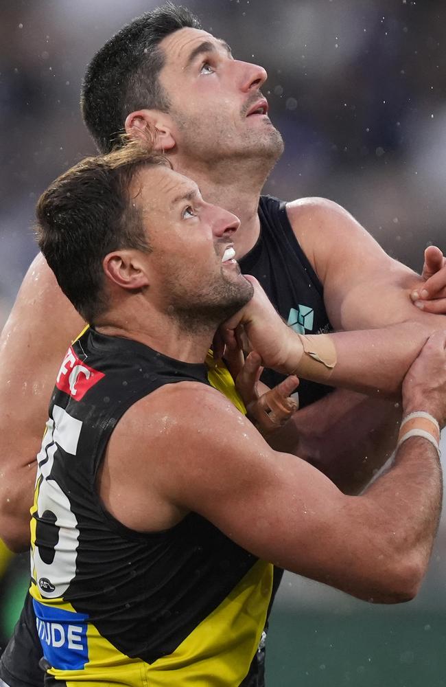 Marc Pittonet battles Toby Nankervis in the ruck on Sunday. Picture: Daniel Pockett/Getty Images