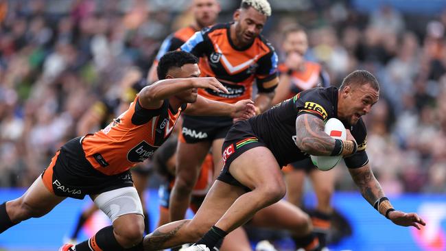 It was a bittersweet moment for Penrith, as James Fisher-Harris crashed over for a try, just days after announcing this would be his last year at the Panthers. Picture: Getty Images