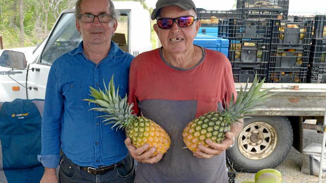 Michael Beck and Norman Harth at their roadside fruit stall on the way to Yeppoon. Picture: Jann Houley