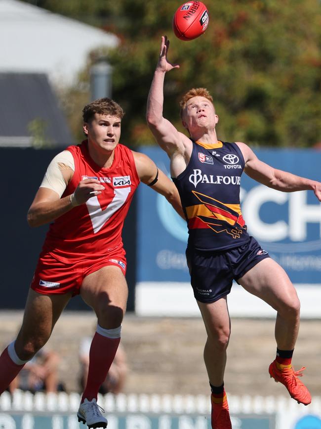 Mid-season draft hopefuls, North Adelaide’s Alex Van Wyk (left) and Adelaide’s Blake Drury, in action during the Round 2 SANFL game at Prospect Oval. Picture: David Mariuz/SANFL