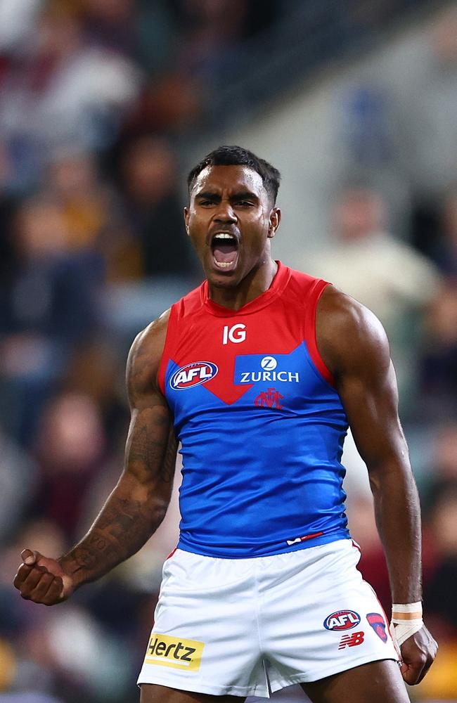 Kysaiah Pickett of the Demons celebrates a goal. (Photo by Chris Hyde/AFL Photos/via Getty Images)