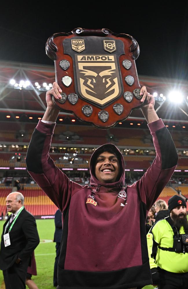 BRISBANE, AUSTRALIA - JULY 13: Selwyn Cobbo of the Maroons celebrates victory during game three of the State of Origin Series between the Queensland Maroons and the New South Wales Blues at Suncorp Stadium on July 13, 2022 in Brisbane, Australia. (Photo by Bradley Kanaris/Getty Images)