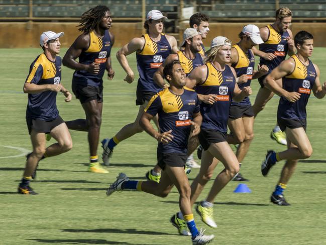 West Coast Eagles players during an open training session at Subiaco Oval on Wednesday. Picture: Matthew Poon