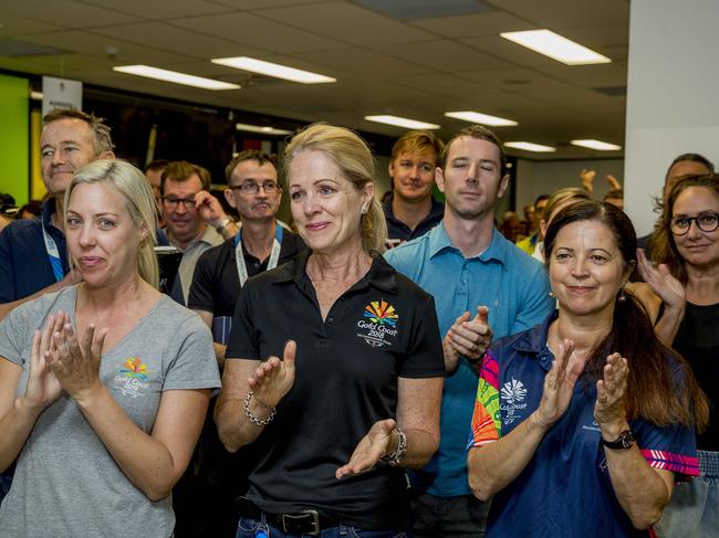 Gold Coast 2018 Commonwealth Games Corporation Chairman Peter Beattie and GOLDOC CEO Mark Peters talking to staff at the headquarters begins its pack down. Picture: Jerad Williams