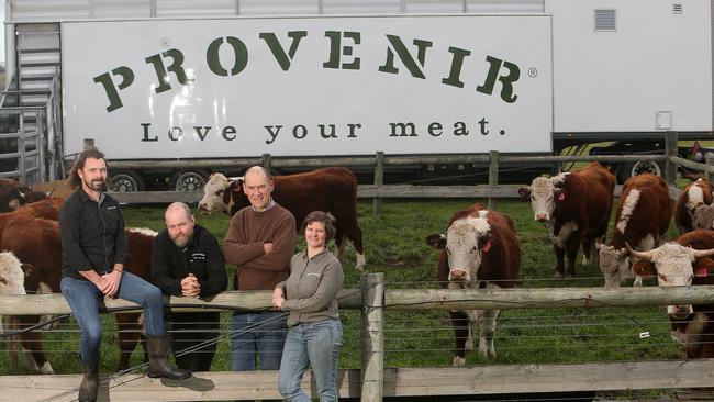 Provenir co- founders Chris Balazs, Christopher Howe, Phil Larwill and Jayne on Chris’s Bannockburn farm. Picture: Yuri Kouzmin