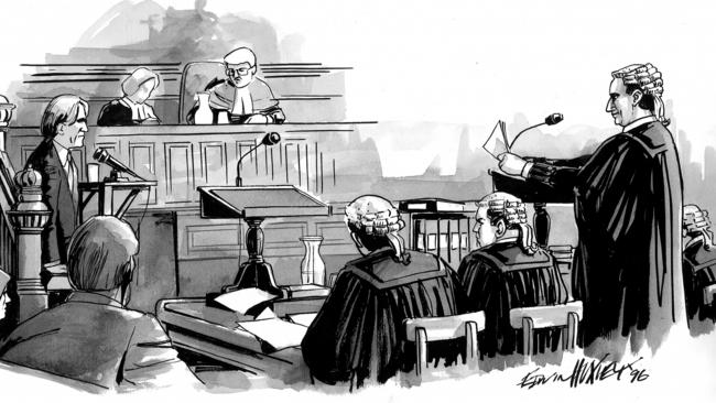 Mark Tedeschi QC questioning prosecution witness Paul Onions during Milat backpacker murder trial in March 1996. Artwork: Edwin Huxley