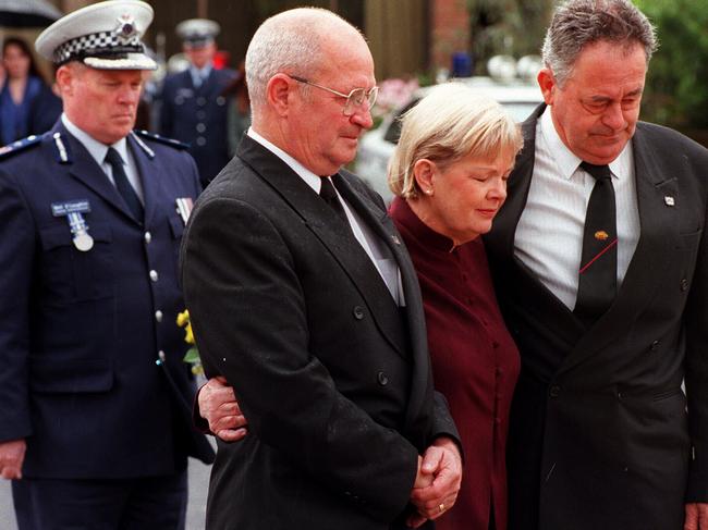 Damian Eyre’e father, Frank Eyre, with Steven Tynan’s parents, Wendy and Kevin Tynan, attend the 10th anniversary commemoration service. Picture: News Limited