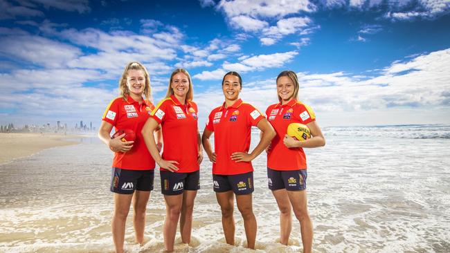 Start of the AFL Premiership Cup tour of QLD. AFLW Gold Coast draftees Wallis Randell, 19, Annise Bradfield, 17, Lucy Single, 18 and Maddison Levi, 18. Picture: NIGEL HALLETT