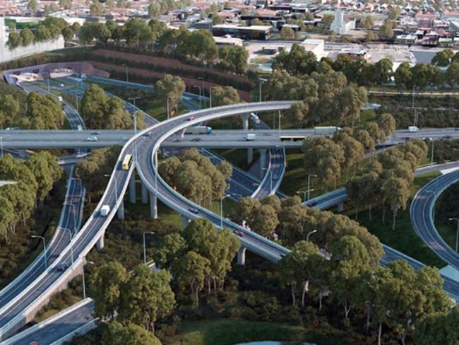 An artist’s impression of the WestConnex interchange at St Peters now under construction.