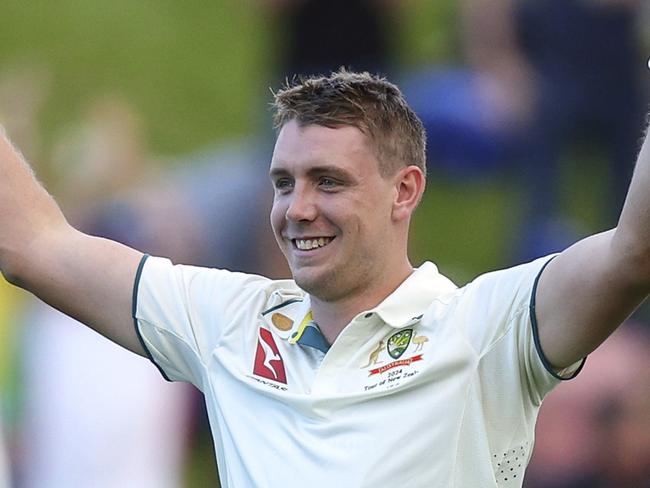 WELLINGTON, NEW ZEALAND - FEBRUARY 29: Cameron Green of Australia celebrates his century during day one of the First Test in the series between New Zealand and Australia at Basin Reserve on February 29, 2024 in Wellington, New Zealand. (Photo by Hagen Hopkins/Getty Images)