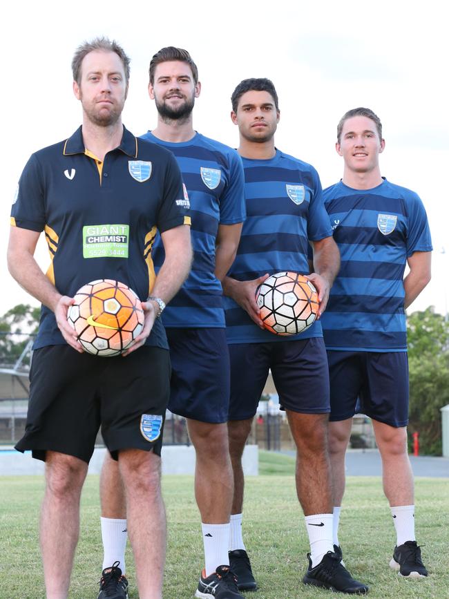 Gold Coast City coach Grae Piddick with players Sam Smith, Jarrod Kyle and Ethan Grimley. Picture Glenn Hampson