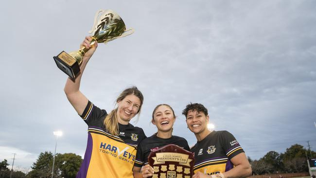 Celebrating their TRLW President’s Cup win are Gatton players (from left) Kimberley Dore, Natalia Webb and Courtney Robinson. Picture: Kevin Farmer