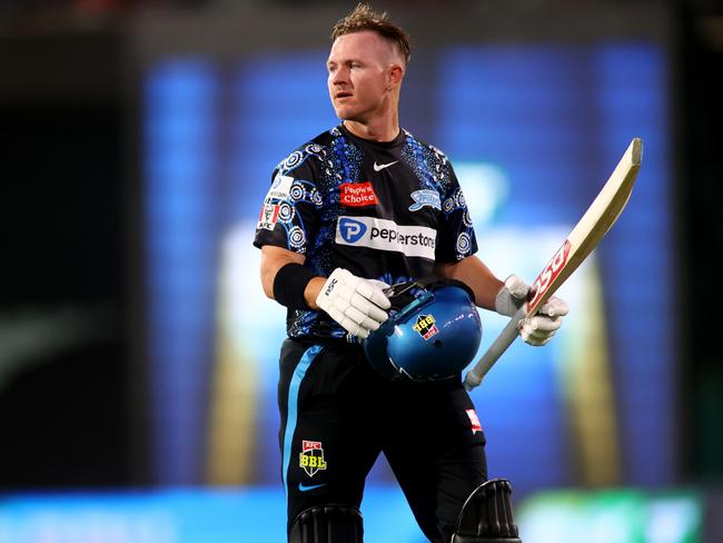 ADELAIDE, AUSTRALIA - JANUARY 05: D'Arcy Short of the Strikers walks after being caught during the BBL match between Adelaide Strikers and Perth Scorchers at Adelaide Oval, on January 05, 2024, in Adelaide, Australia. (Photo by Kelly Barnes/Getty Images)