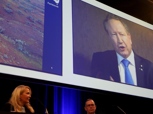 11/11/2020CEO Elizabeth Gaines listens as Andrew Forrest speaks from overseas at Fortescue Metals AGM in Perth Convention Centre.Pic Colin Murty the Australian