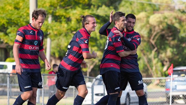 Epping City FC players celebrate a goal in State League 3 North-West. Picture: Paul Seeley.