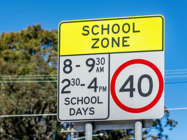 School zone road sign with speed limit 40 during before and after school hours in NSW, Australia. Road safety concept