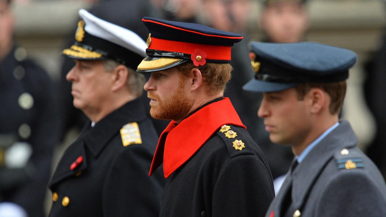 Prince Andrew, Prince Harry and Prince William, Duke of Cambridge attend the Remembrance Sunday ceremony in November 2015. Picture: Glyn Kirk/AFP