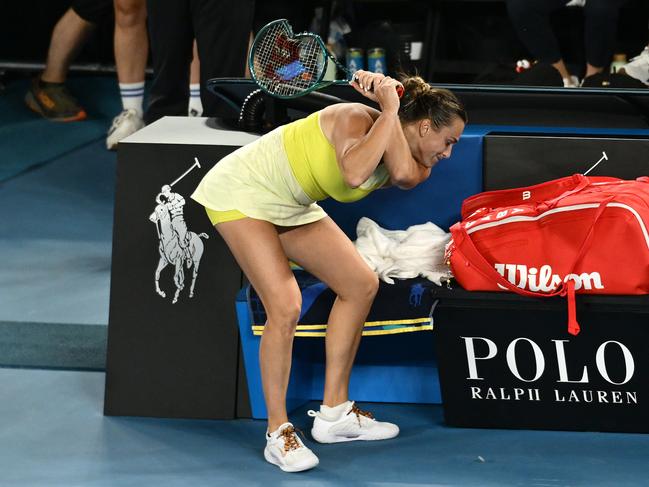 Aryna Sabalenka throws her smashed racket after losing in the Australina Open final. Picture: Quinn Rooney/Getty Images.