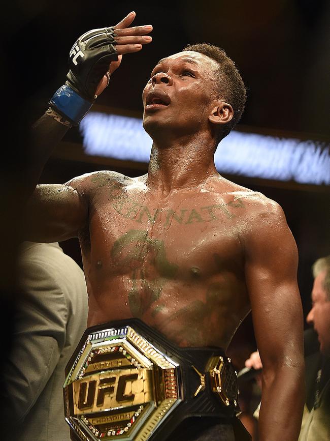 Adesanya with the interim belt. Picture: Getty