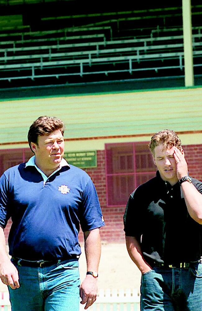 An emotional Jakovich with coach Neil Balme as he announced his temporary retirement due to a back injury. Picture: Sport / Australian Rules