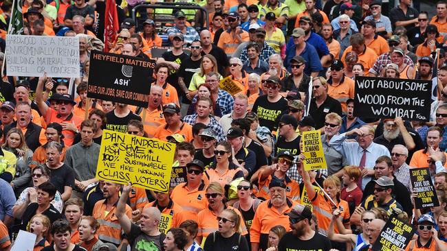 Heyfield Mill workers marched in protest of the mill’s closure. Picture: Jason Edwards