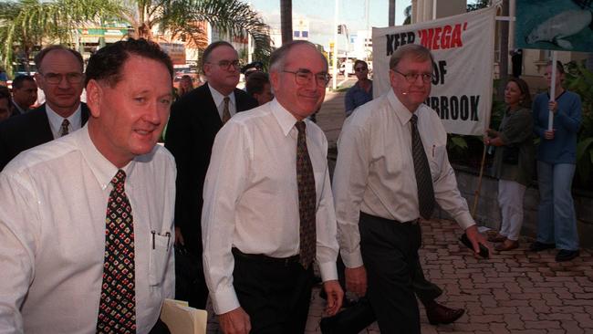 ‘Swore in blood’ ... Senator Macdonald, right, was a member of the Howard Government that introduced the goods and services tax in July 2000. He is pictured here with the former prime minister in 1997.