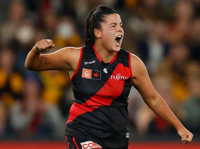 MELBOURNE, AUSTRALIA - AUGUST 27: Madison Prespakis of the Bombers celebrates a goal during the 2022 S7 AFLW Round 01 match between the Essendon Bombers and the Hawthorn Hawks at Marvel Stadium on August 27, 2022 in Melbourne, Australia. (Photo by Michael Willson/AFL Photos via Getty Images)