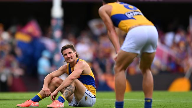 Liam Baker is gassed after the game. Picture: Albert Perez/AFL Photos via Getty Images